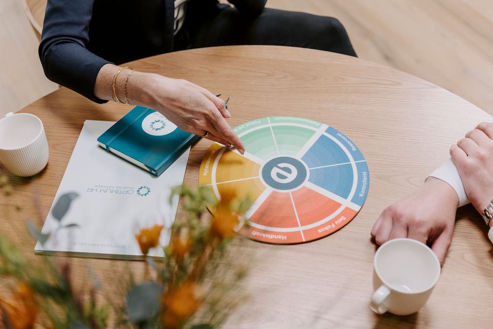Forretningsmøde med farverigt cirkeldiagram på træbord. Branding fotograf Fyn.