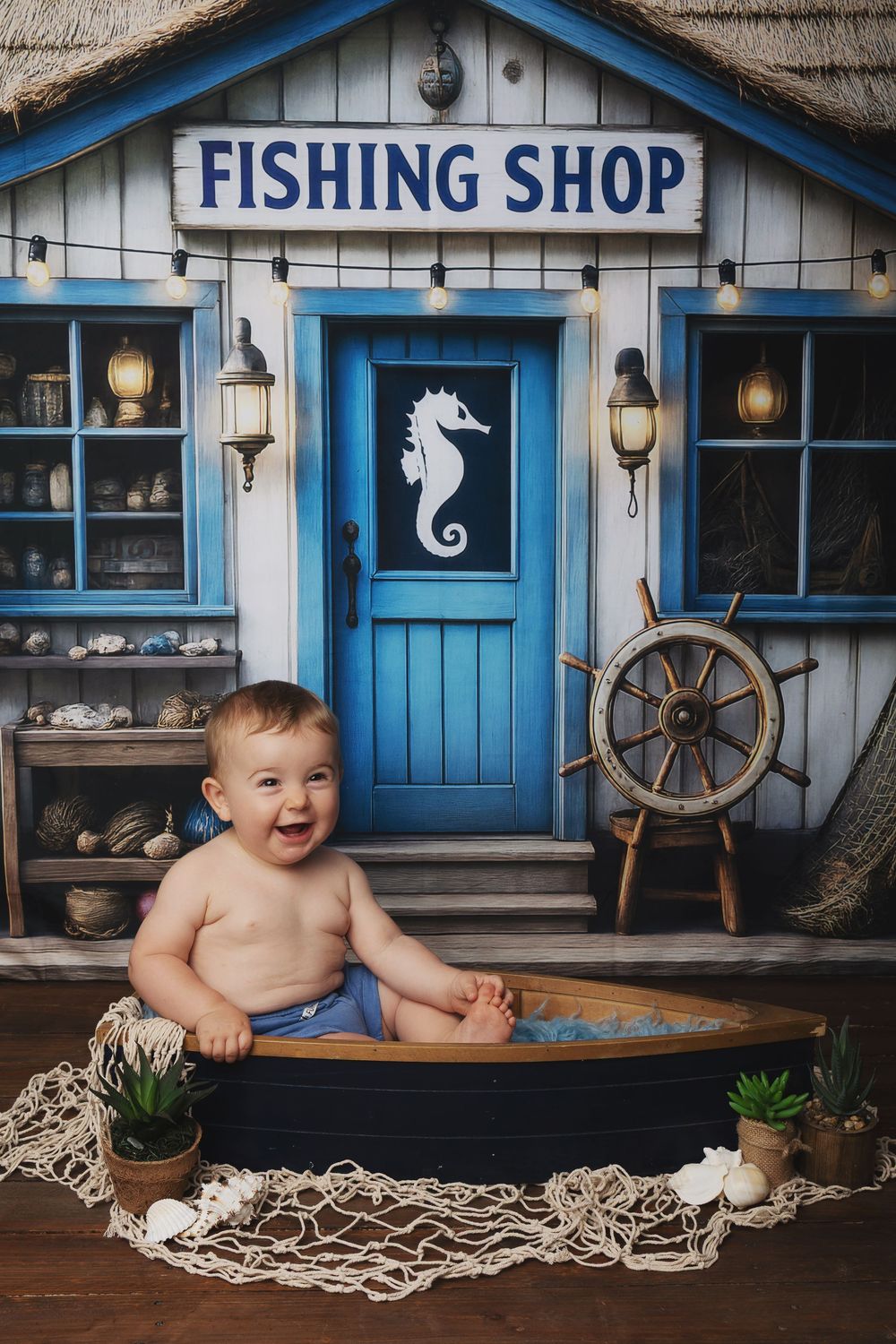 Rustic fishing shop themed photo set with blue doors, nautical decor, and wooden boat props against weathered walls.