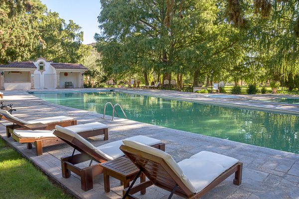 Luxurious poolside lounge chairs surrounded by lush greenery in upscale resort setting. Rincon del Montero.