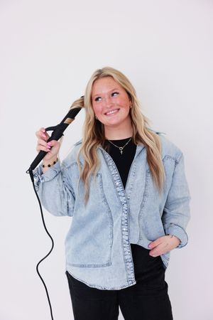 Three photos of a person in a light denim jacket and black top posing playfully against a white background.