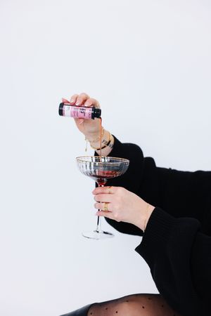 Hands holding champagne glasses in a sequence of three photos against a white background.