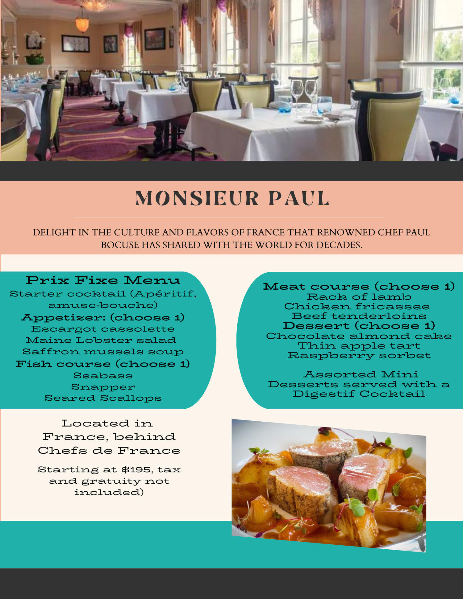 Photo collage of Monsieur Paul restaurant showing elegant dining rooms and French cuisine dishes at Epcot, Walt Disney World.