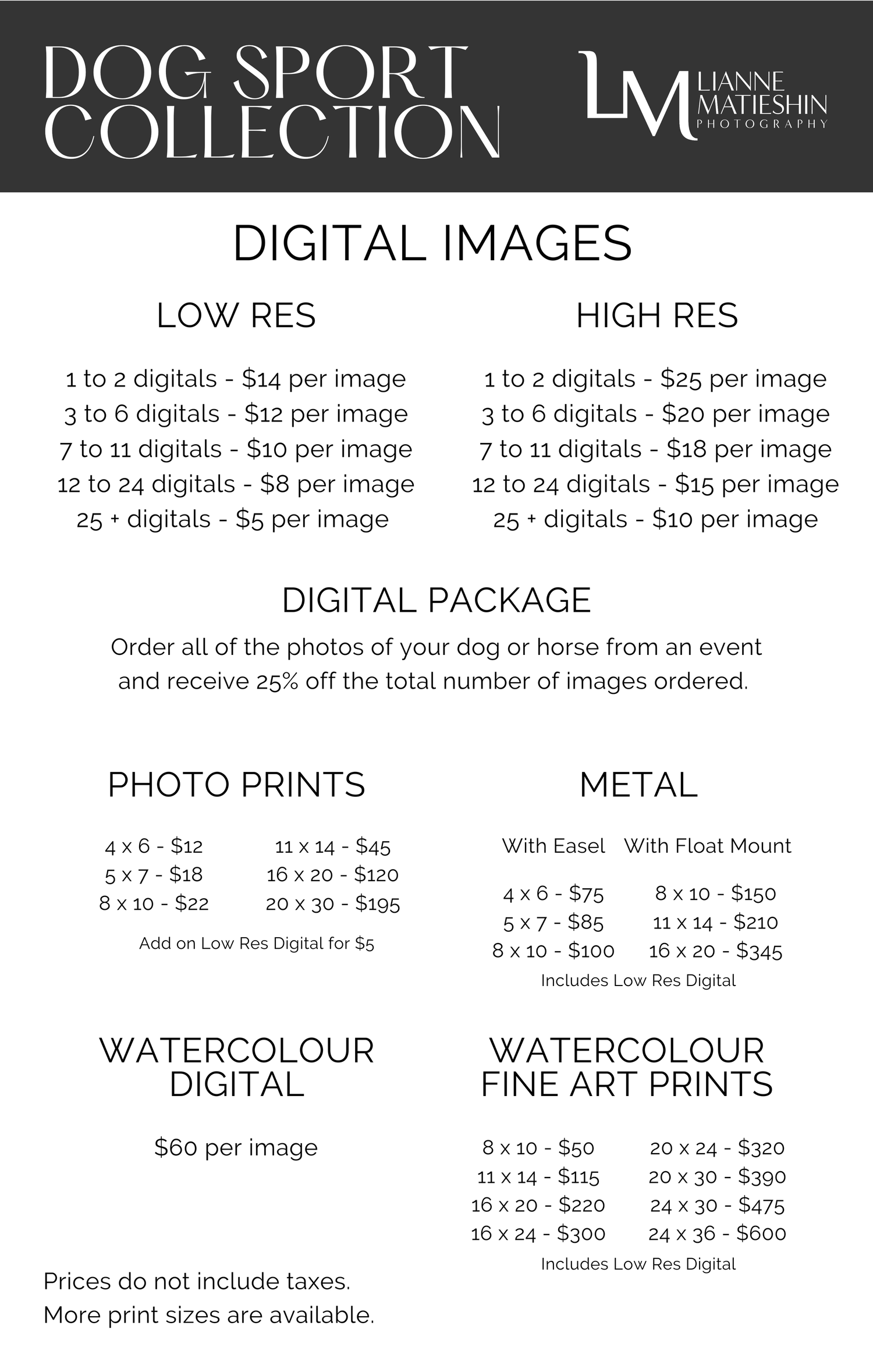 Dog Sport Collection digital images price list showing low and high res, photo prints, metal prints, and watercolour fine art print pricing.