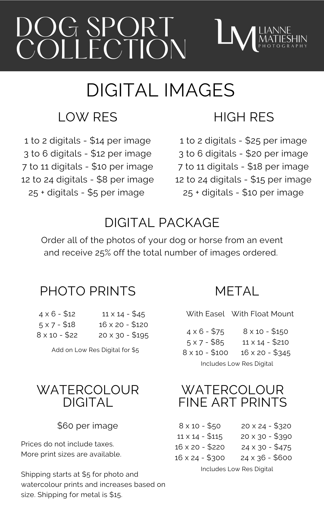 Dog Sport Collection digital images price list showing low and high res, photo prints, metal prints, and watercolour fine art print pricing.