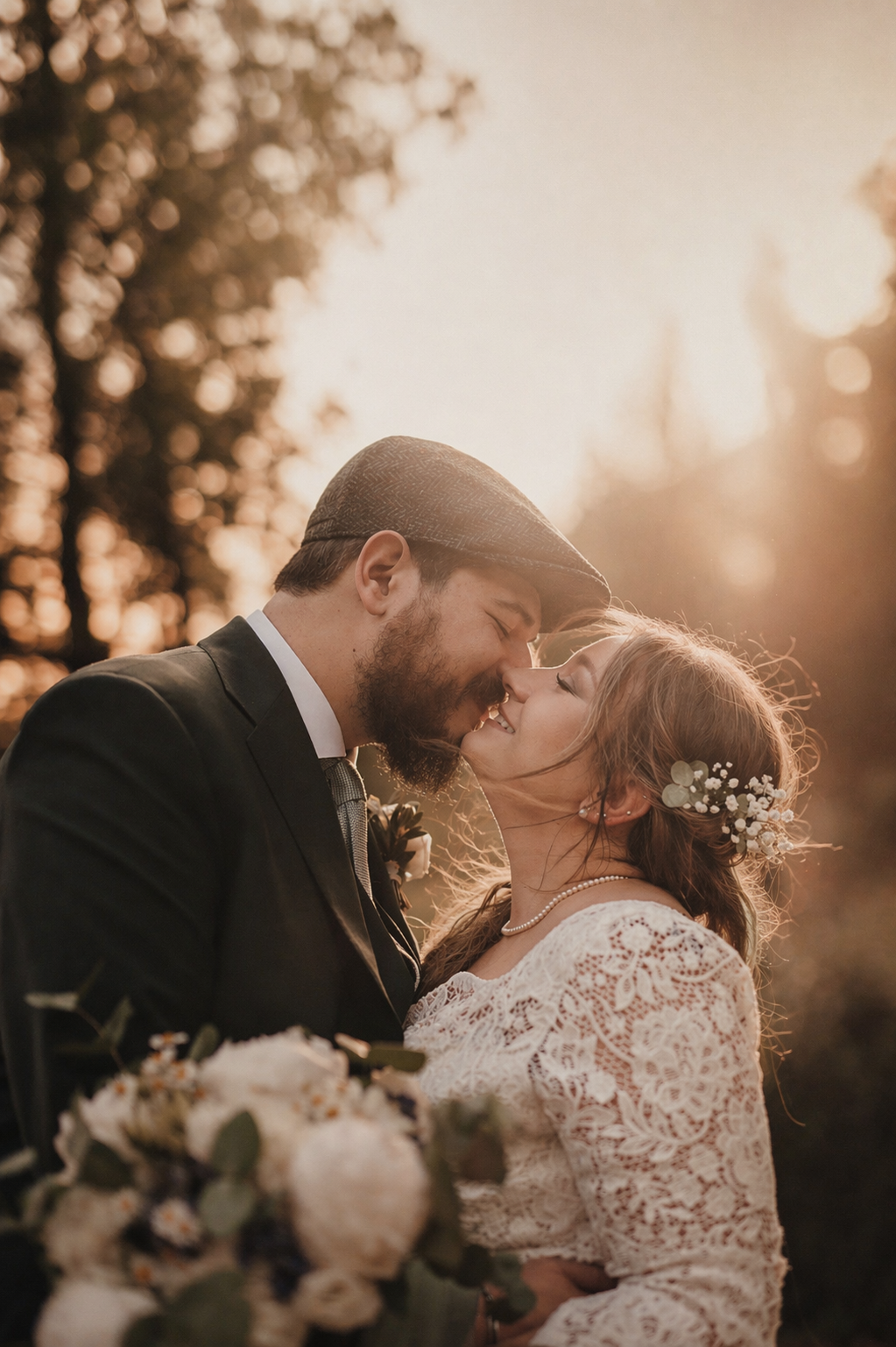 Romantic newlyweds sharing tender moment at golden sunset with bride holding white floral bouquet.