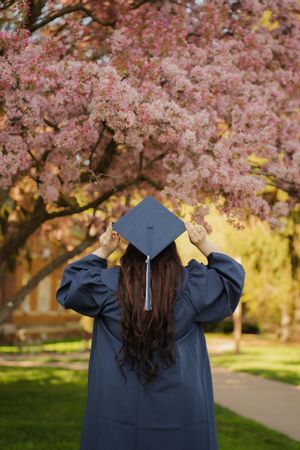 Graduate in blue cap and gown stands facing blooming pink cherry blossom tree, hands adjusting mortarboard.