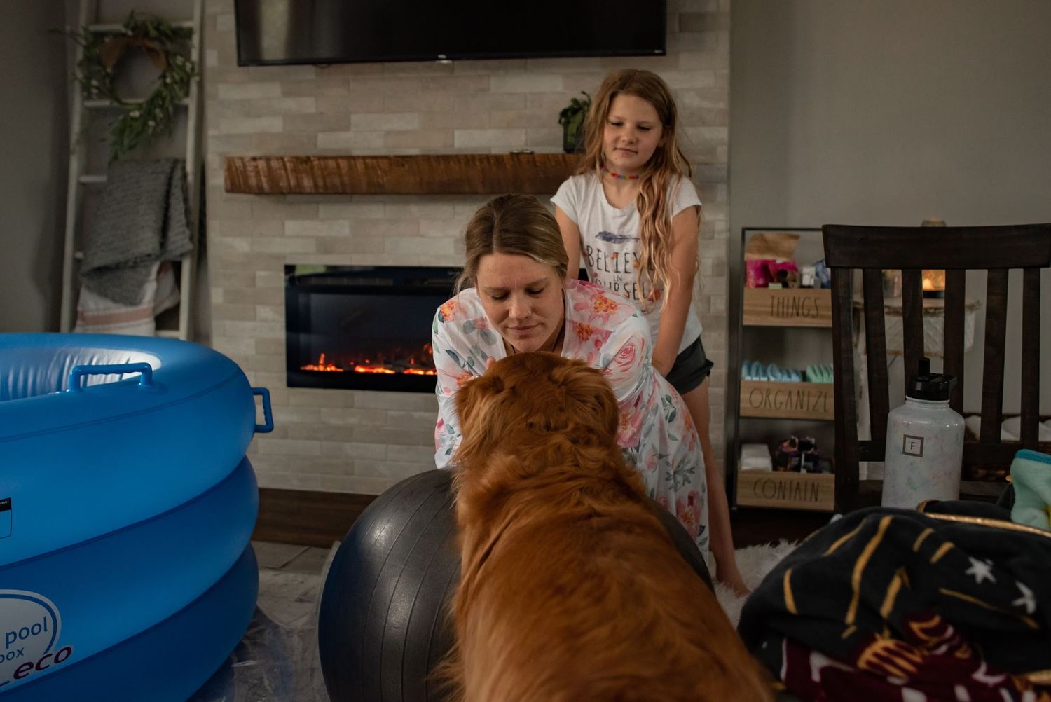 A playful scene with a large brown dog and exercise ball near a fireplace.