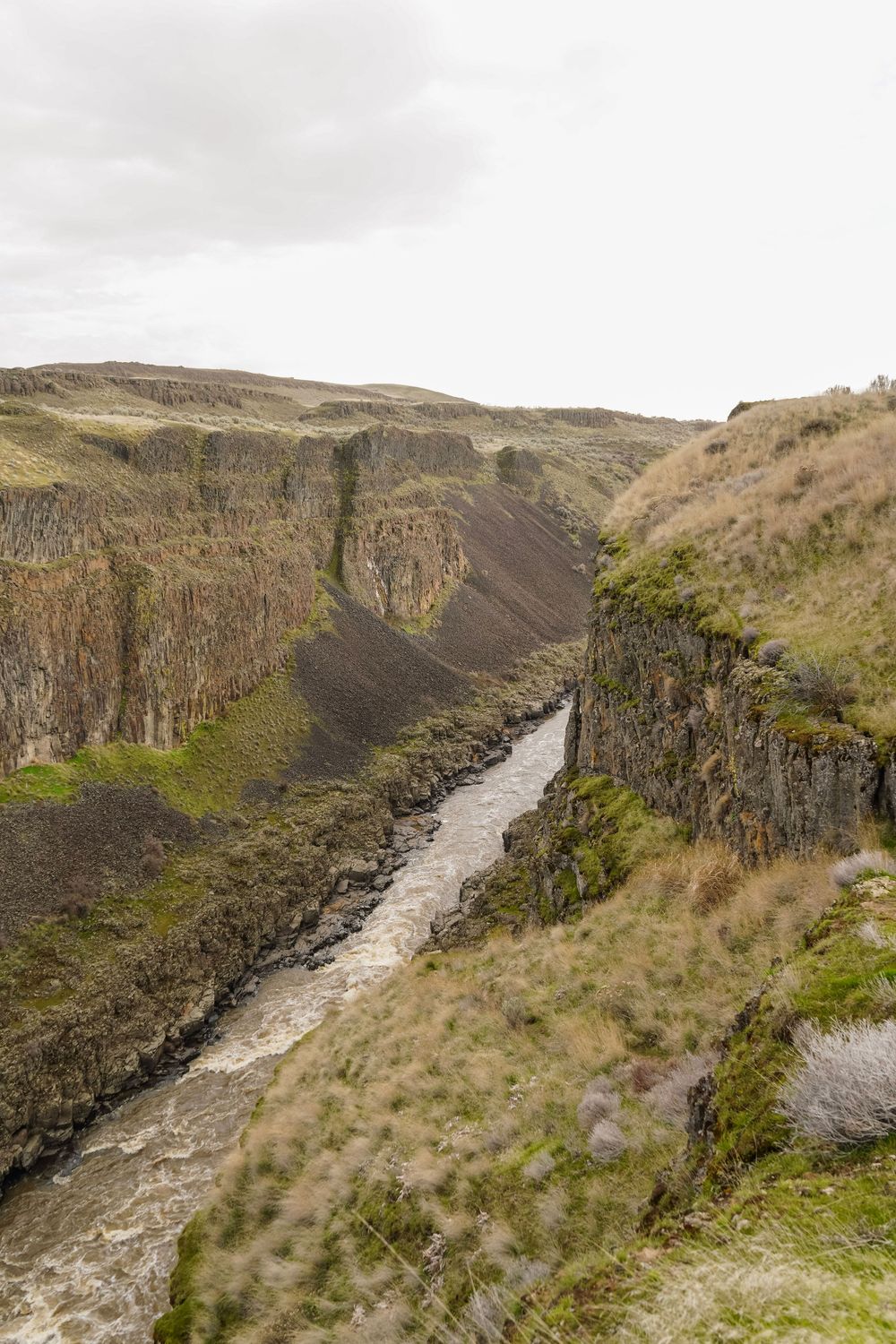 A narrow river flows through a deep basalt canyon with rocky cliffs and green hillsides under an overcast sky.