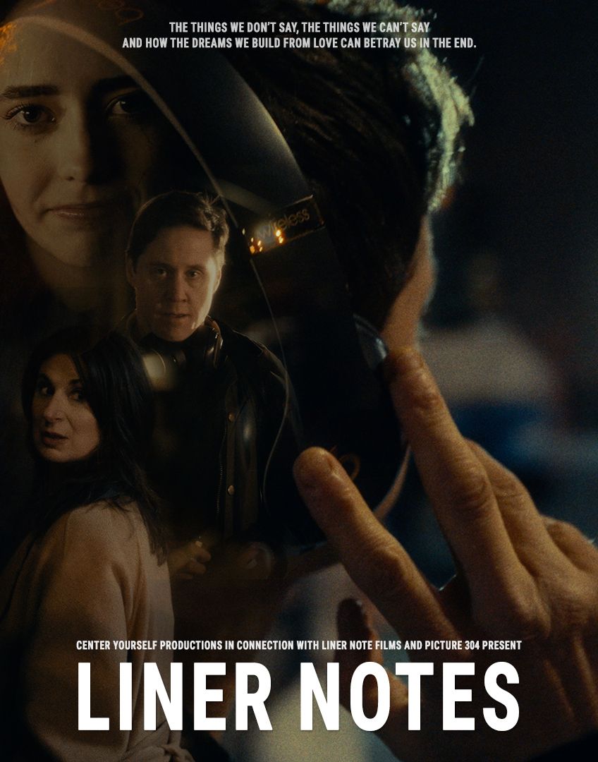 Movie poster for Liner Notes featuring dramatic close-ups of three characters in dim lighting with moody cinematic atmosphere.
