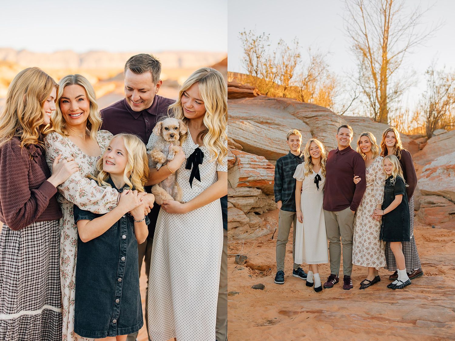 Family portrait session in a desert setting with warm golden hour light, featuring parents, children, and a small dog.