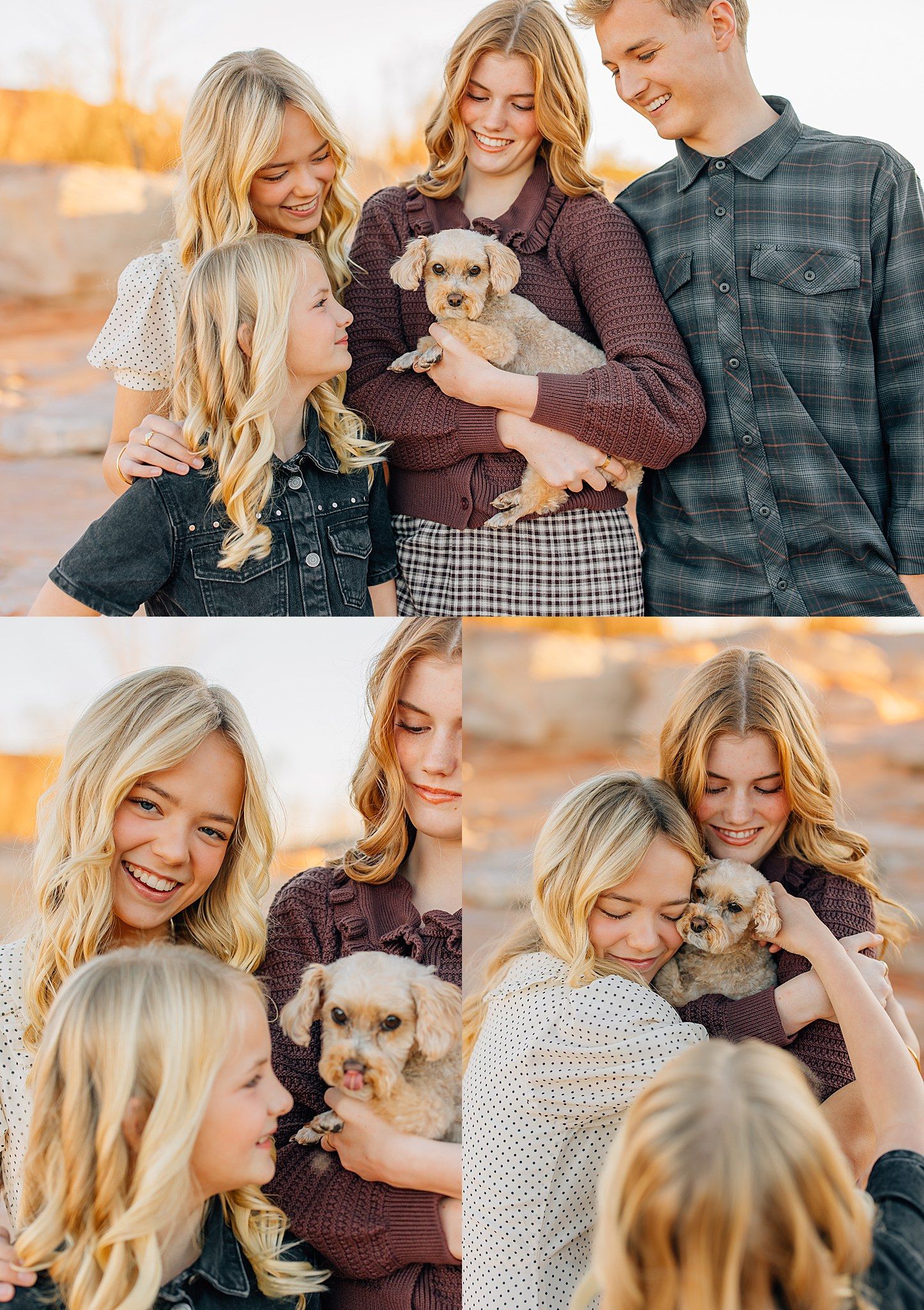 Family portrait with two blonde girls and a teen boy holding an adorable small puppy outdoors at golden hour.