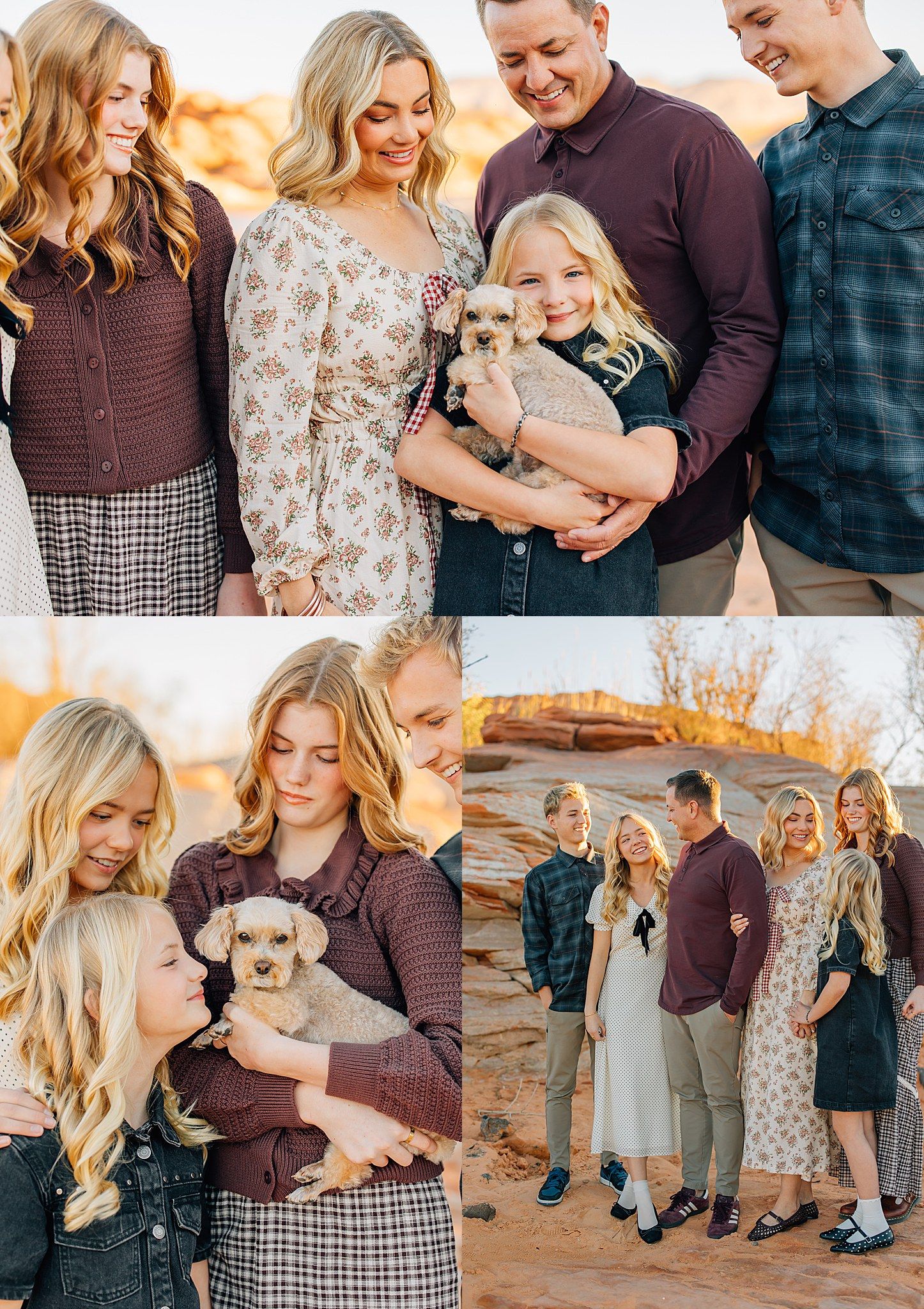 Family of five with blonde hair poses outdoors at golden hour, smiling together while a young girl holds a small puppy.