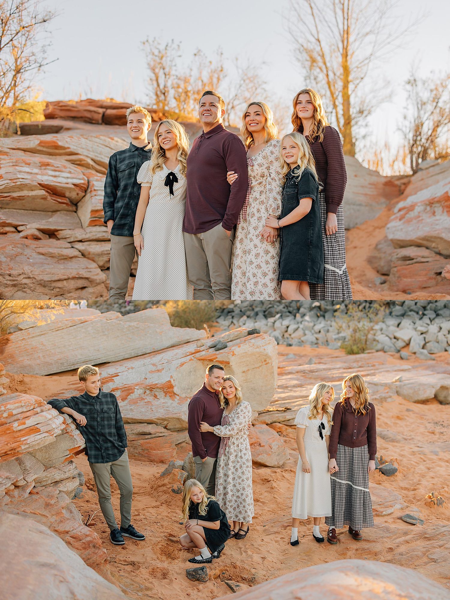 Family of five posing on red rock formations at golden hour in coordinated fall outfits.