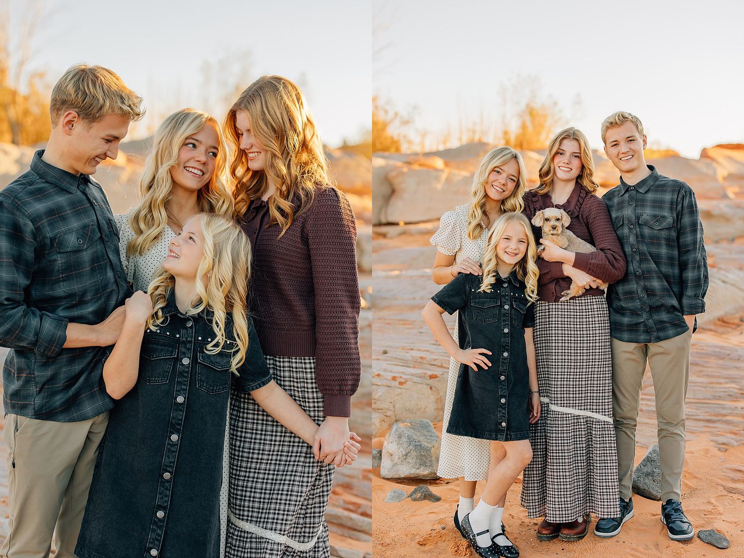 Family of three posing outdoors on red sand at golden hour, holding a small puppy.