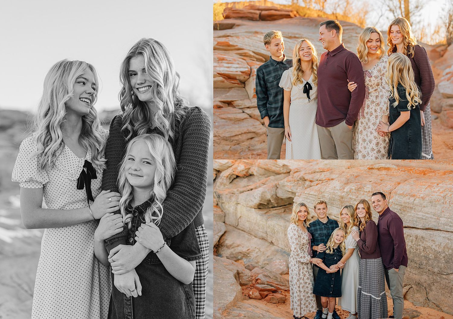 Family portrait session on rocky terrain featuring three women in boho dresses and a man in burgundy shirt posing outdoors.