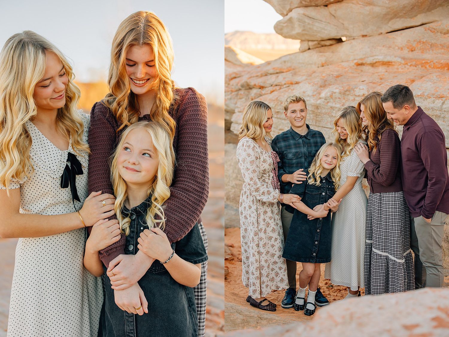 Family portrait session in a desert canyon setting with warm golden light highlighting natural rock formations.