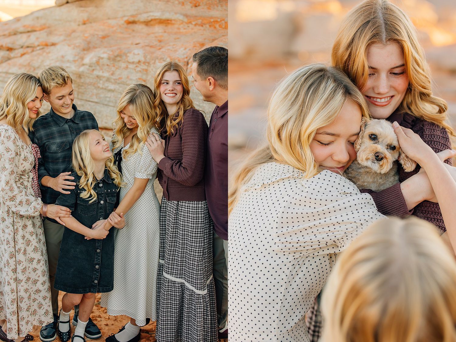 Family portrait session outdoors with parents and children embracing, plus a close-up of two women cuddling an adorable small dog.