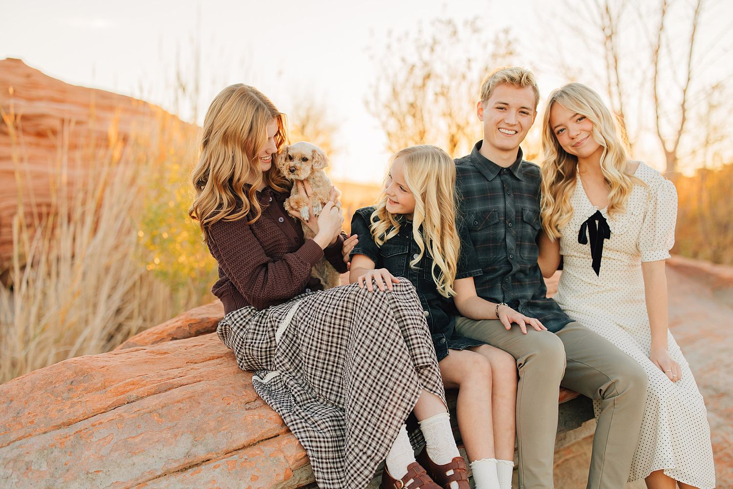 Four women sitting on a log in a desert landscape at golden hour, smiling with a small puppy.