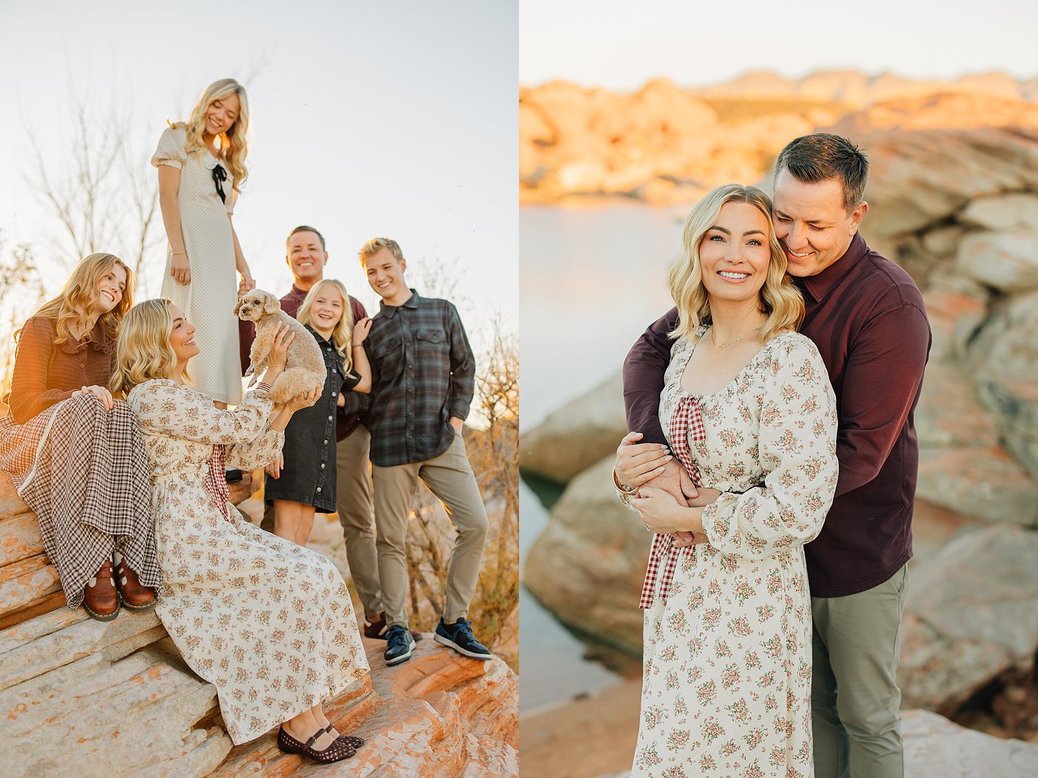 Family portrait on rocky terrain at sunset, couple embracing by lakeside boulders in warm golden light.