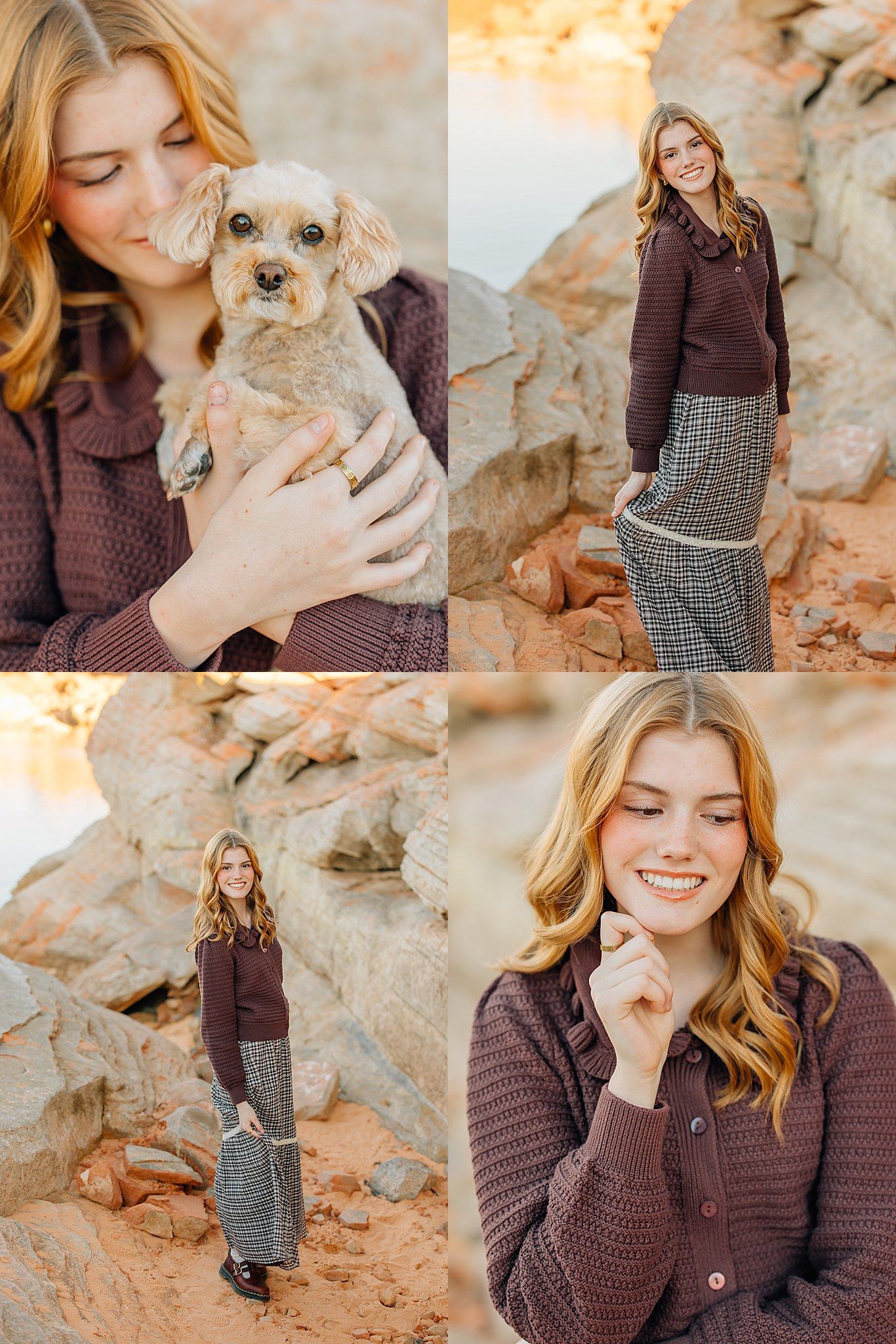 Young woman with auburn hair in brown sweater and plaid skirt holds small fluffy dog near rocky terrain outdoors.