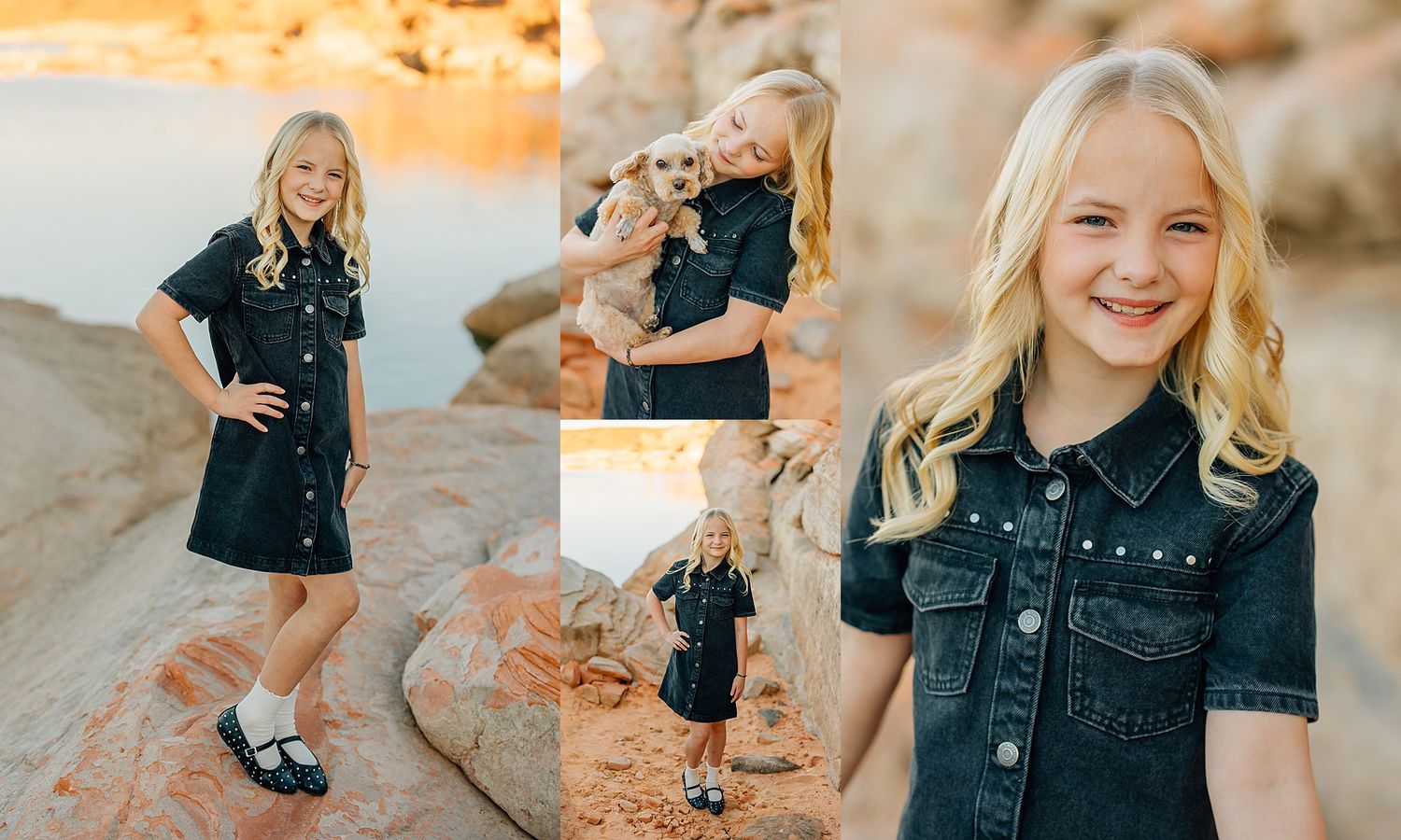 Young blonde girl in a denim dress poses with a puppy during a golden hour desert photo session.