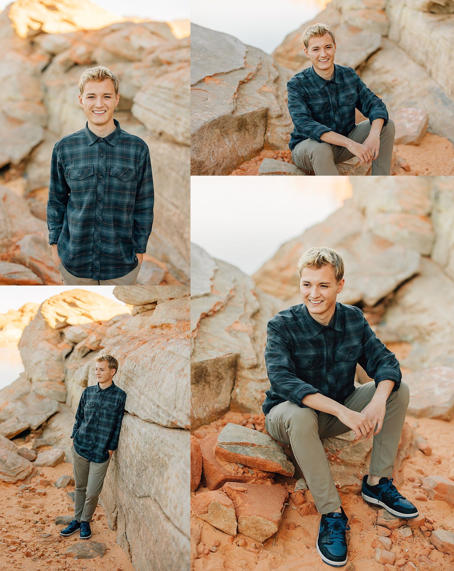A smiling young man in a blue plaid shirt poses on rocky terrain in multiple outdoor portrait shots.