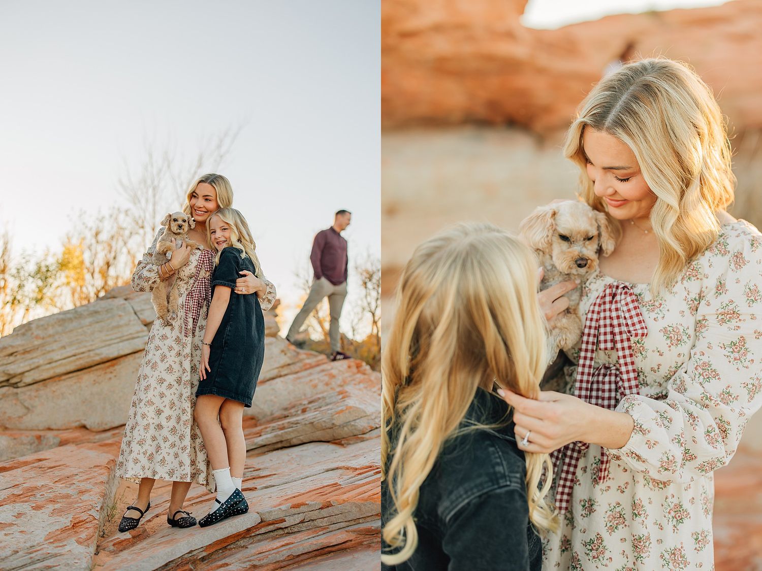 Two blonde women hold a puppy outdoors on red rocks, wearing floral and dark outfits, with a man standing behind them.