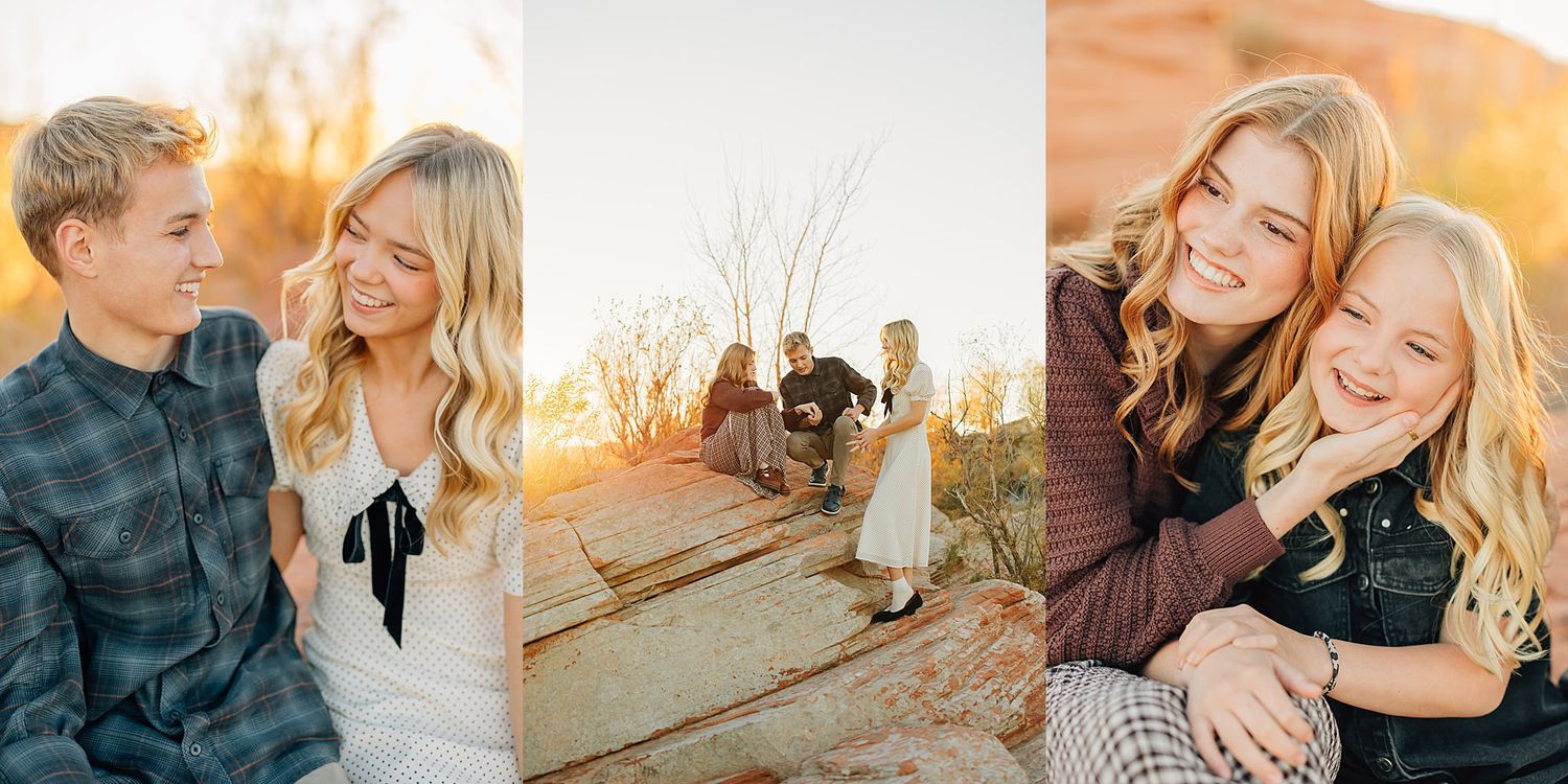 Family portrait session at golden hour in a desert landscape with sandy dunes and warm sunlight.