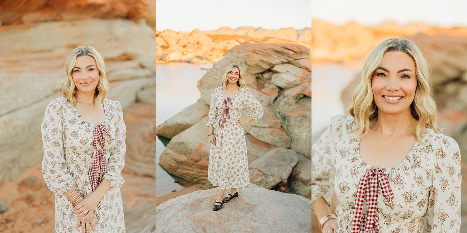 Woman in floral maxi dress posing among desert sandstone rocks at golden hour in a triptych portrait.