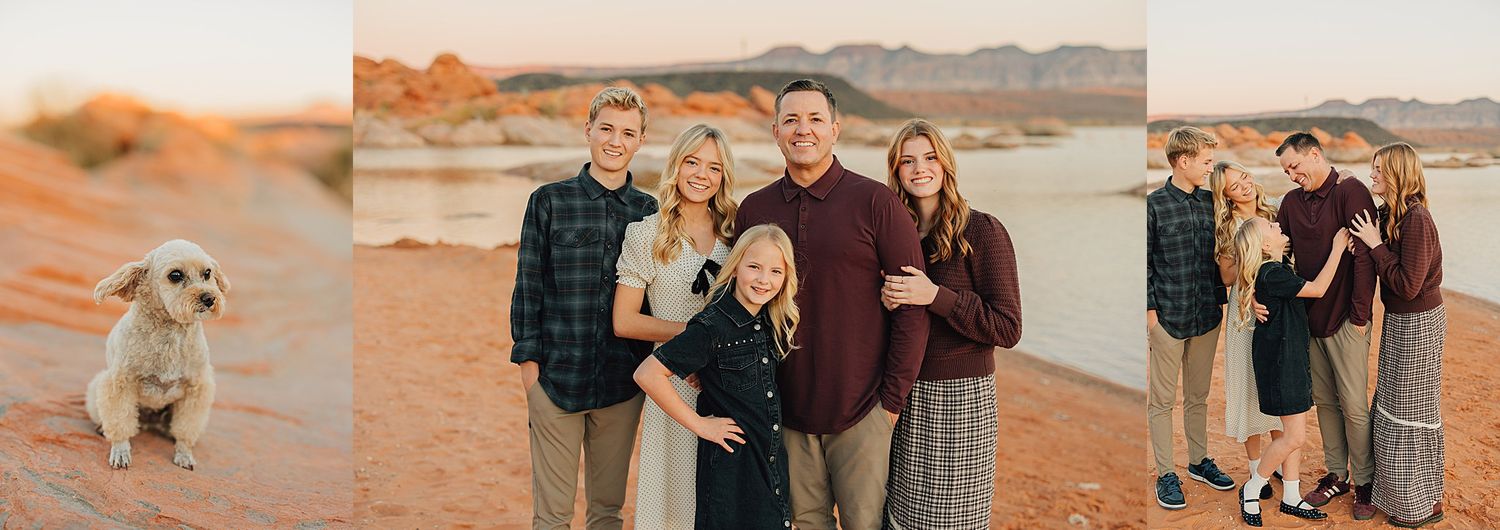 Family portrait session at sunset in the desert, with parents, teens, and a fluffy dog posing near a lake with mountains.