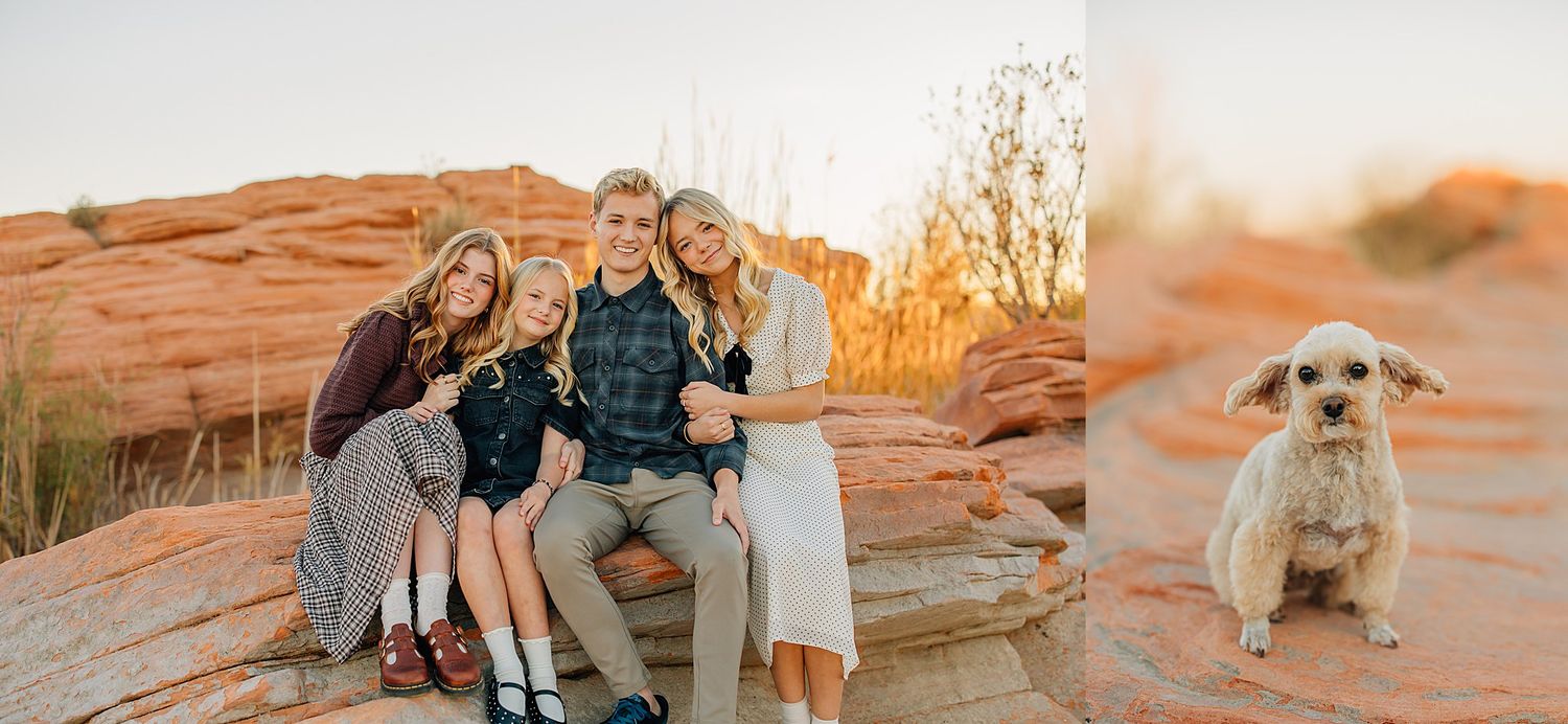 Family of four poses on red rock formations at golden hour, with a fluffy white dog sitting alone on the rocks nearby.