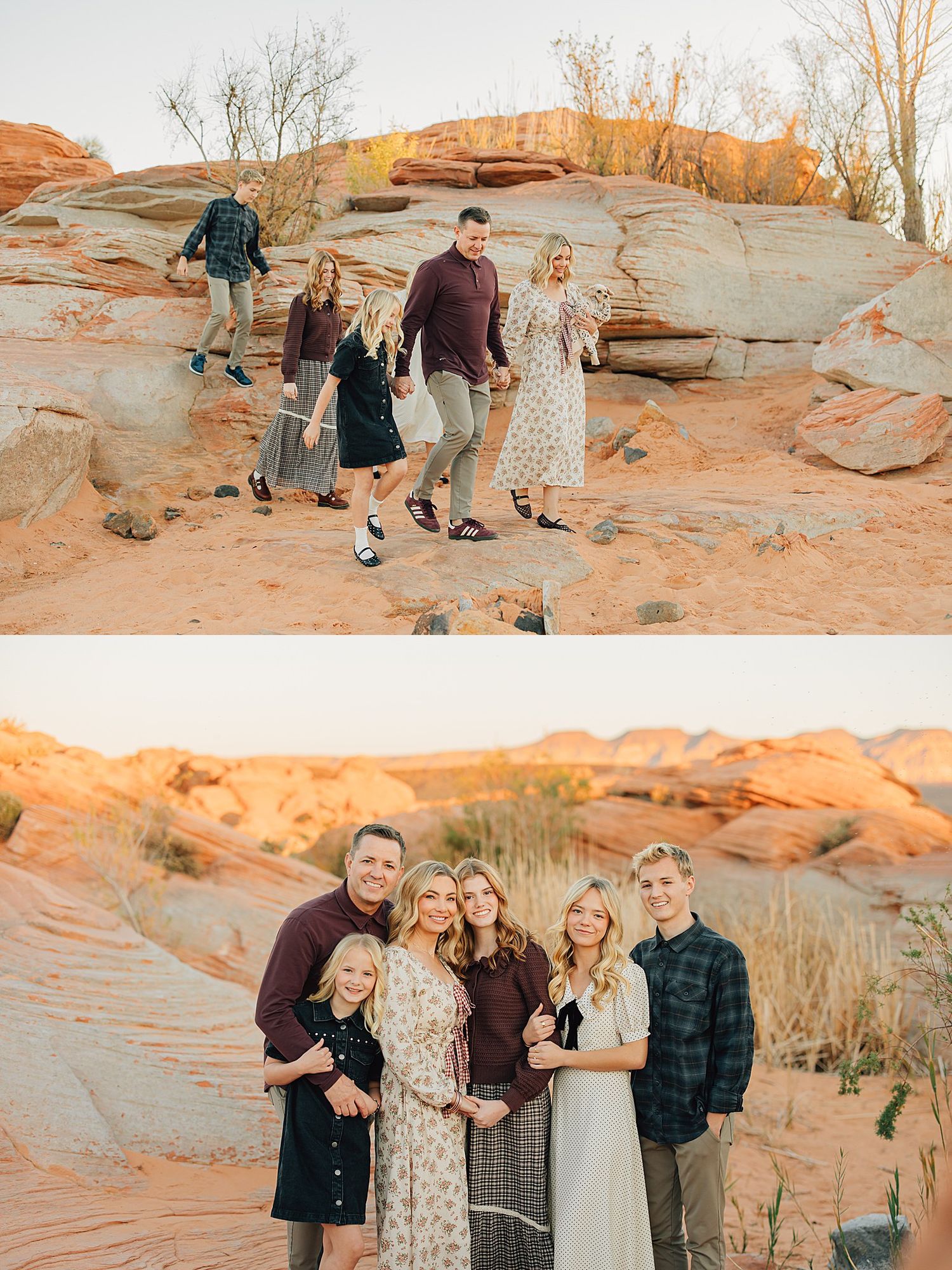 Family of five posing and walking among red rock formations in the desert during golden hour.