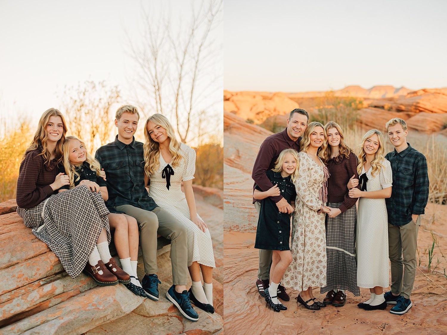 Family of five posing on red rock desert landscape at golden hour sunset in coordinated fall outfits.