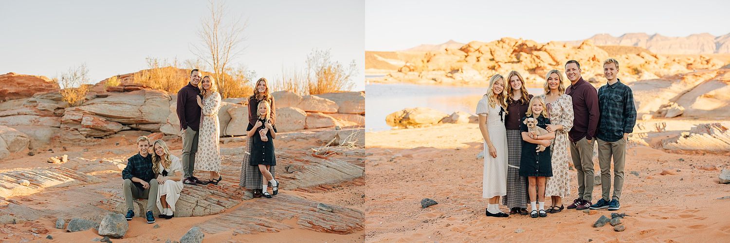 Family portraits at golden hour on red rock desert landscape with sandy terrain and warm sunset light.