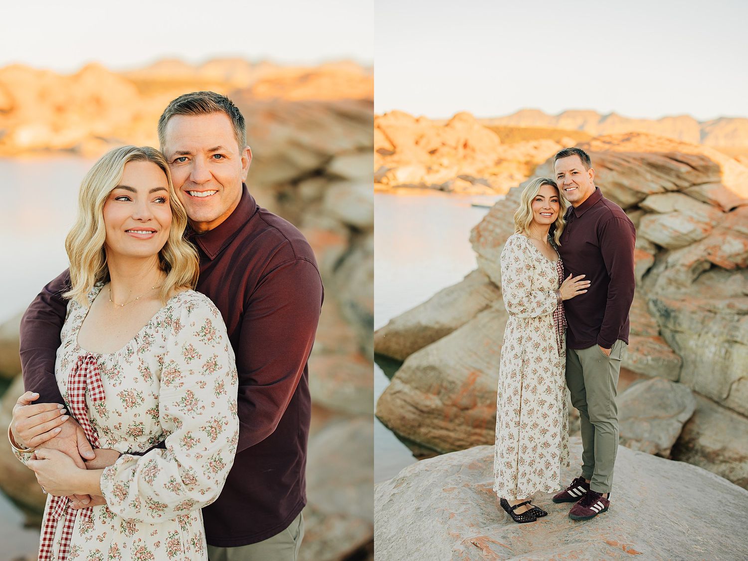 Couple embracing on rocky terrain at golden hour, woman in floral dress and man in burgundy sweater smiling warmly.