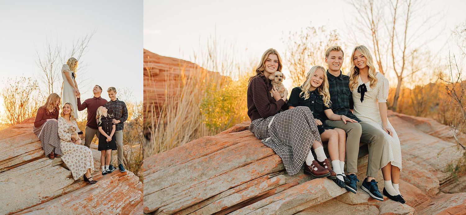 Family portrait on red rock at sunset with mother and children posing outdoors in warm golden light.