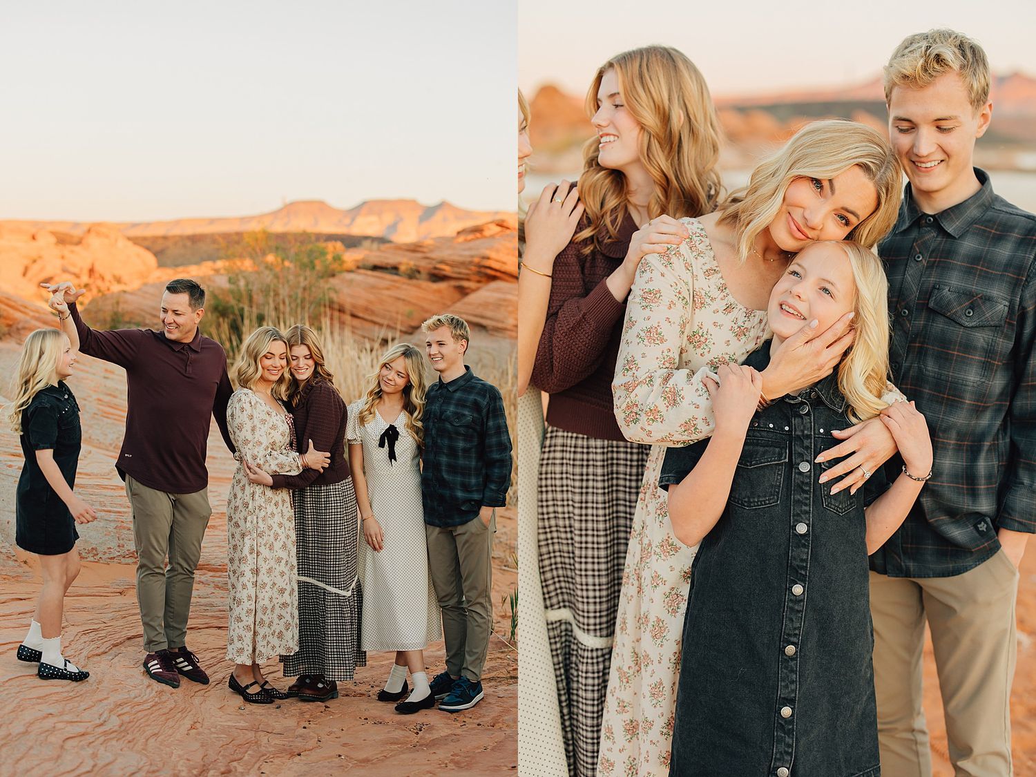 Extended family group photos with teens and adults posing among red rock desert formations at sunset.