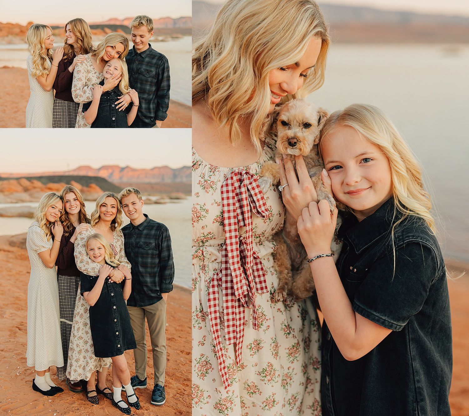 Family portrait with parents, two blonde girls, and a puppy at a scenic desert lake during golden hour.