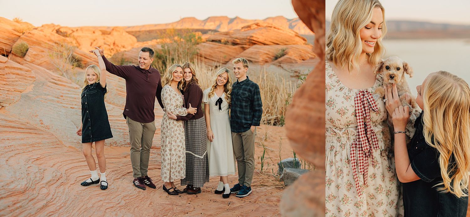 Family posing on red rock desert landscape at sunset, with two women in floral dresses smiling closely together.
