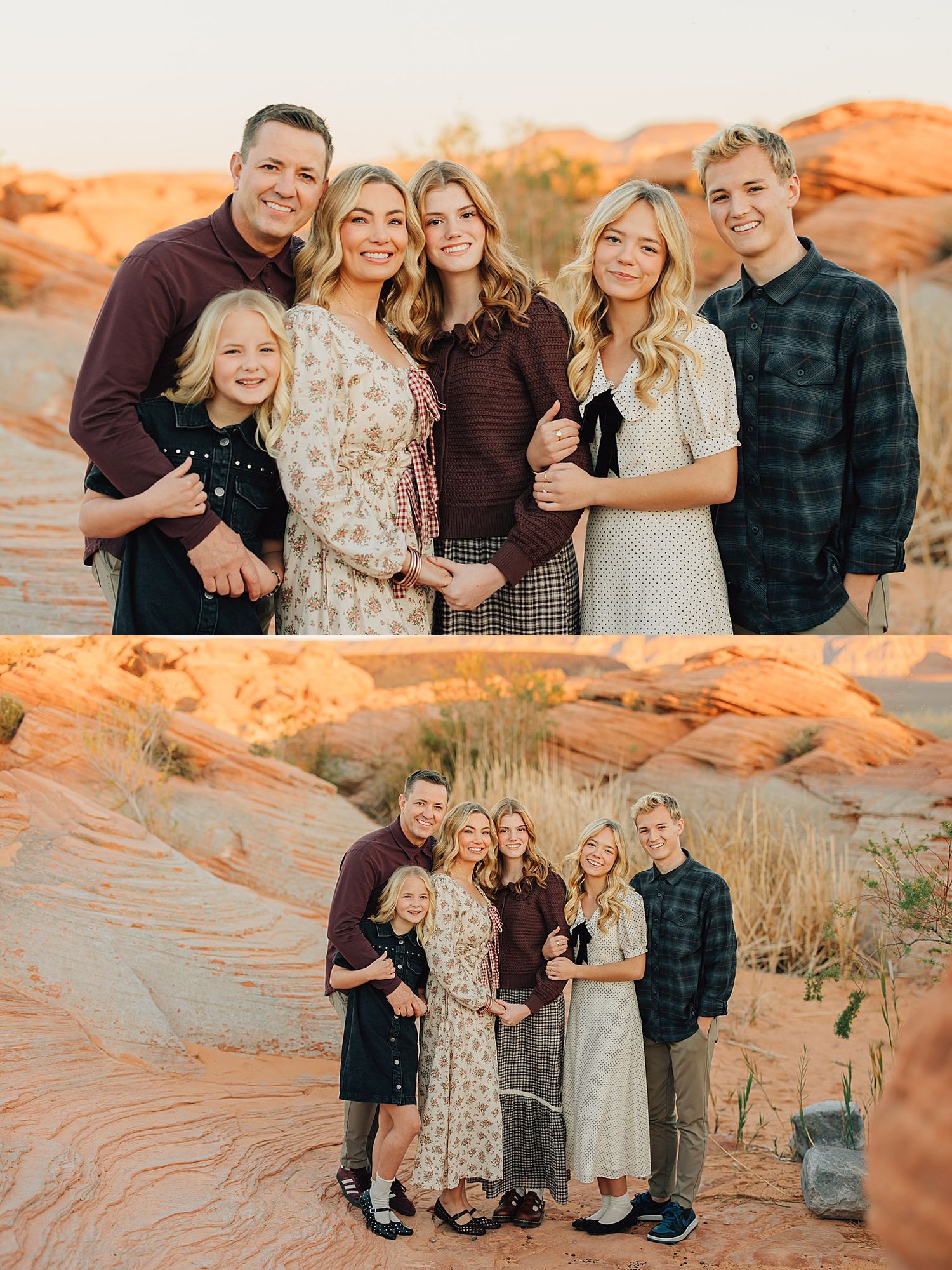 Family of six posing together in a desert landscape with red rock formations at golden hour.