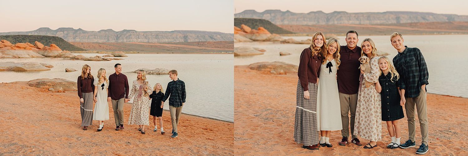 Family portrait session at Lake Powell with mountains at sunset, two groups posing on sandy shore.