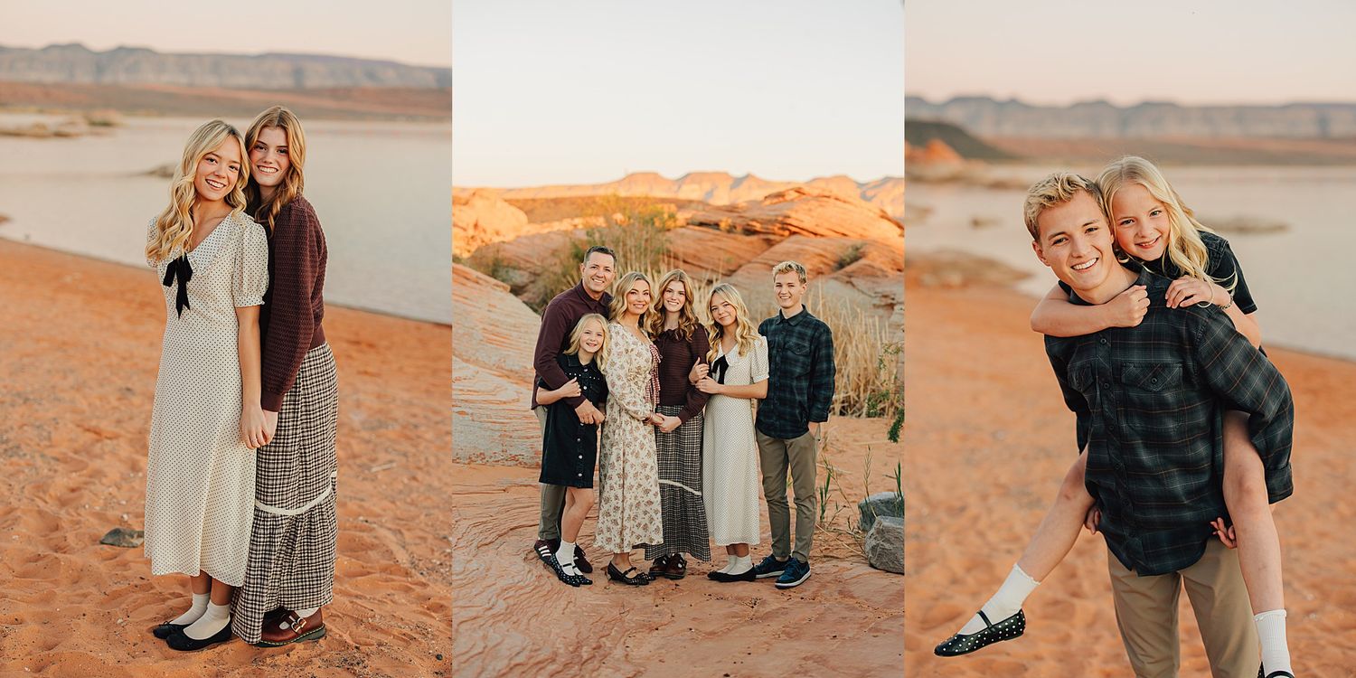 Family portrait session at Lake Powell with sandy red rock landscape, featuring couples and group poses at golden hour.