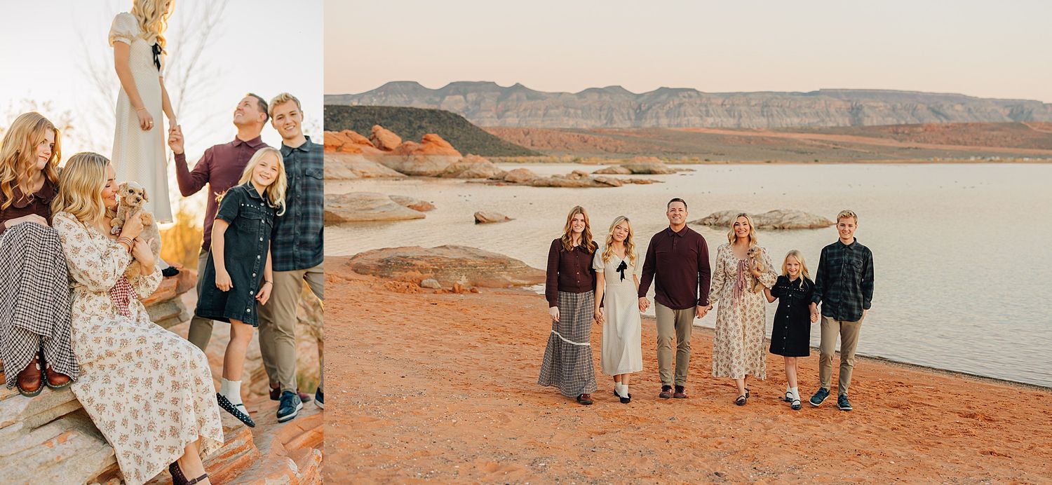 Family portrait session at Lake Powell with red rock formations, featuring two group photos of a large family outdoors.