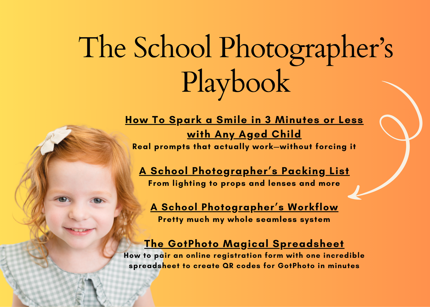 Orange-themed school photography guide cover featuring a smiling child and tips for personality portraits.