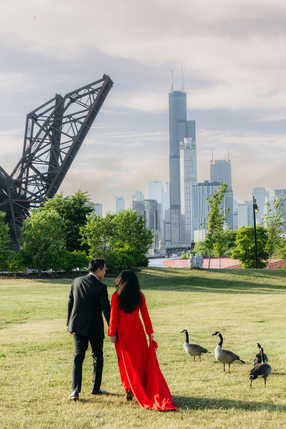 Couple in traditional asian red dress and suit walk among geese in Chicago park with Willis Tower and bridge in background in Chinatown