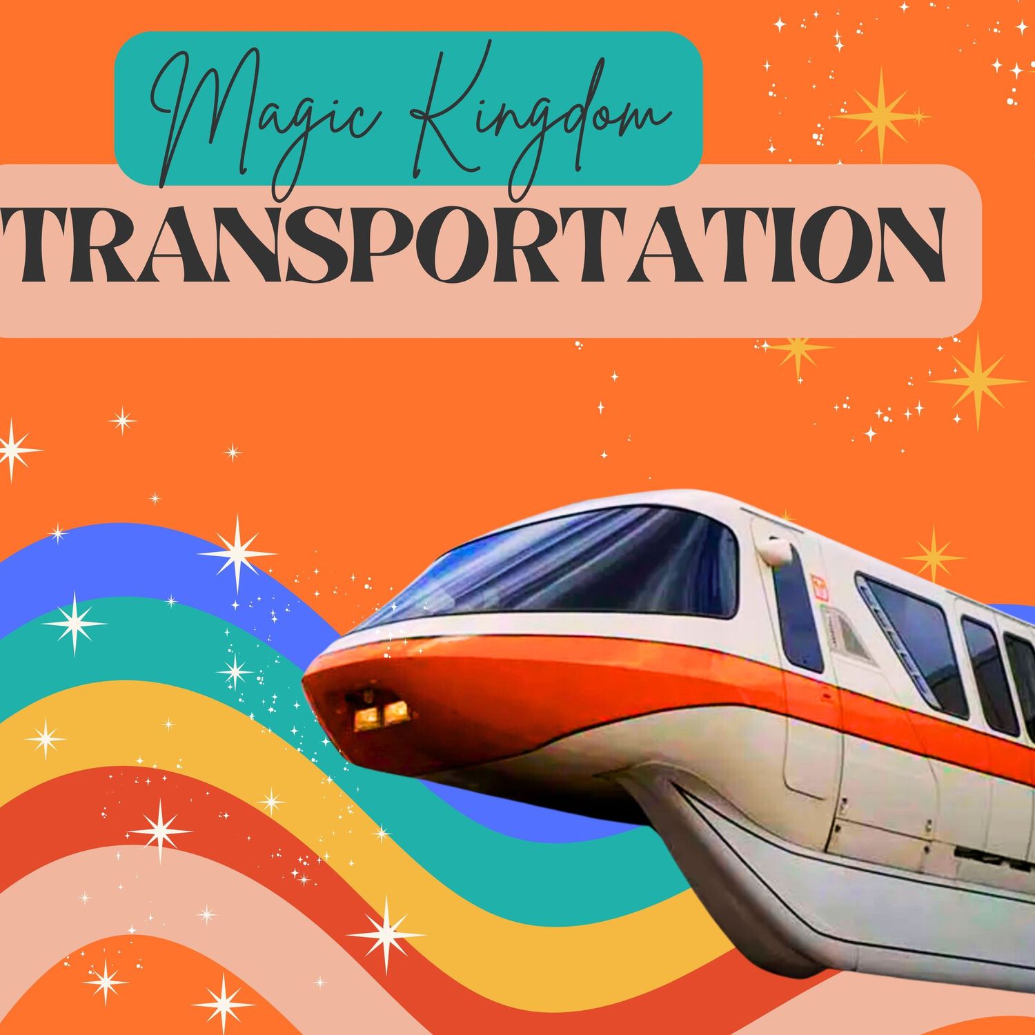 A colorful retro-style illustration of Disney World's monorail system with curved rainbow shapes and sparkly elements.