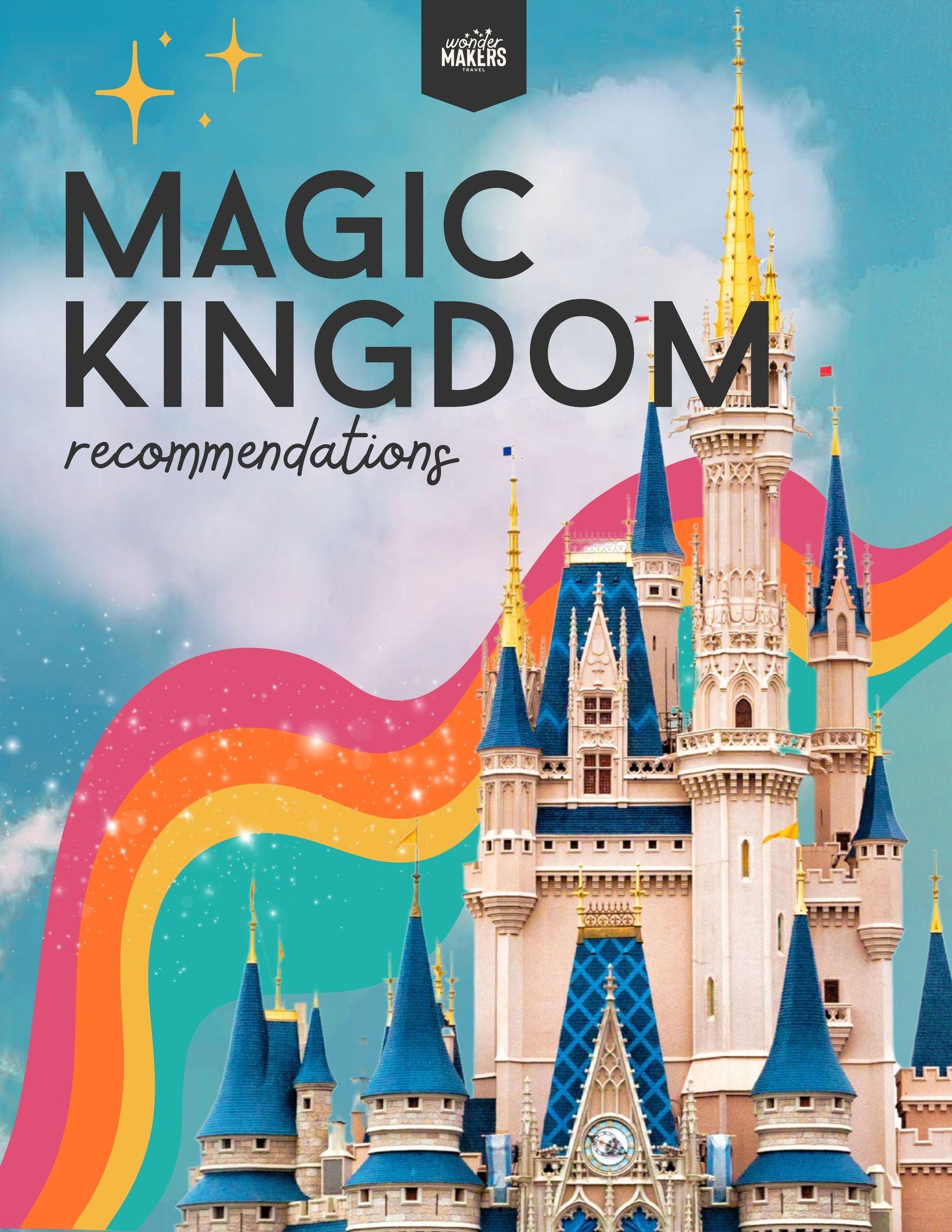 Colorful Disney Magic Kingdom castle logo with rainbow background and golden spires against vibrant evening sky.