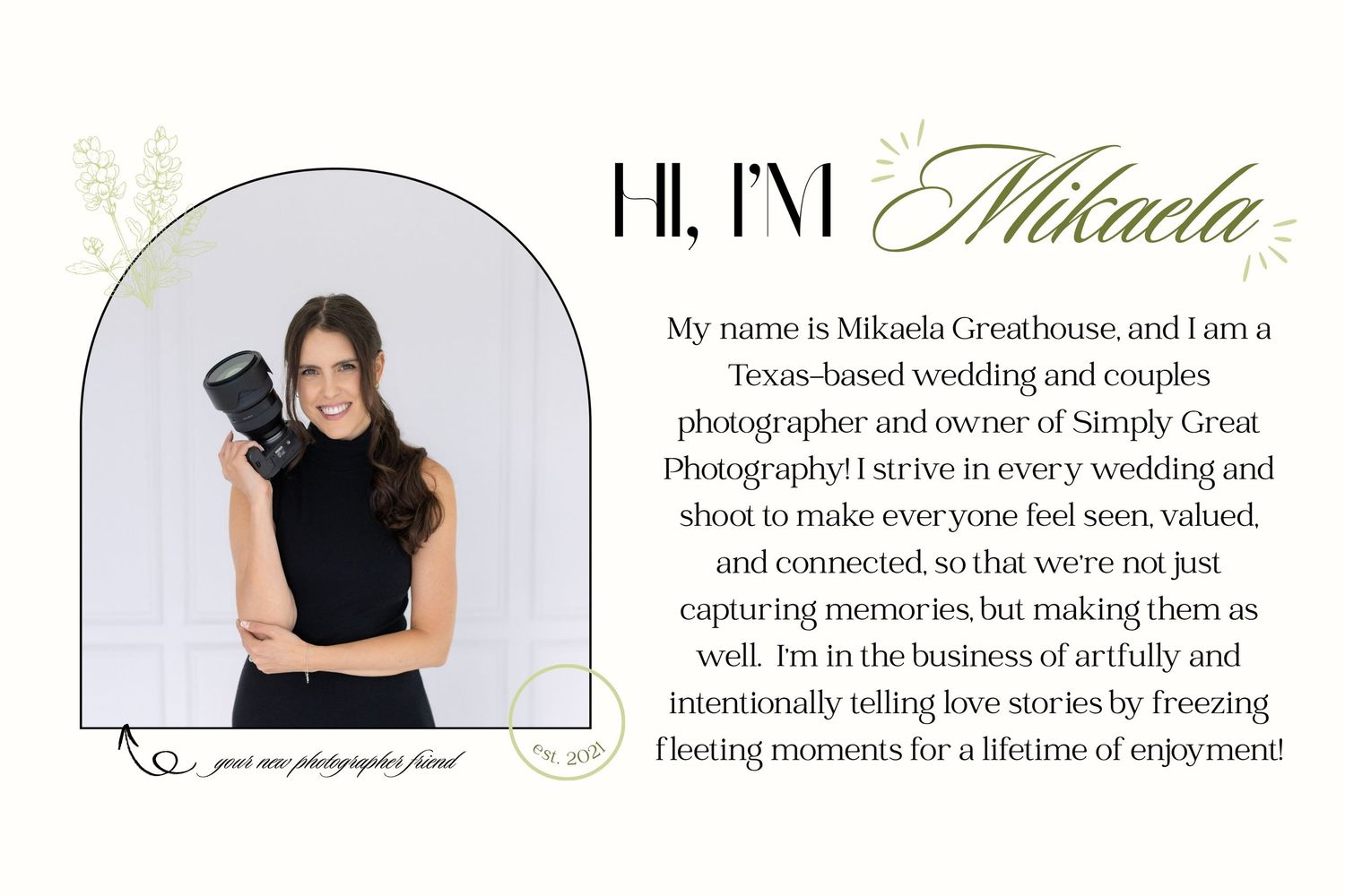Hi, I'm Mikaela with Simply Great Photography, a Texas-based wedding and couples photographer! I don't just document love, I help it grow!