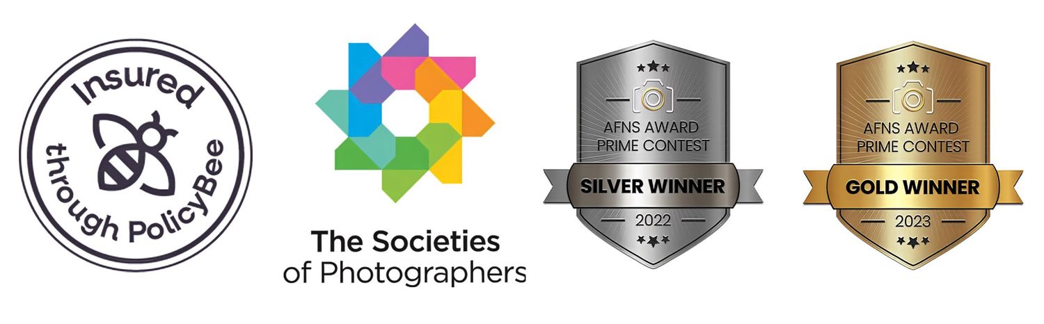 Photography badges showing PolicyBee insurance, Societies of Photographers membership, and AFNS 2022 Silver and Gold Prime Contest awards.