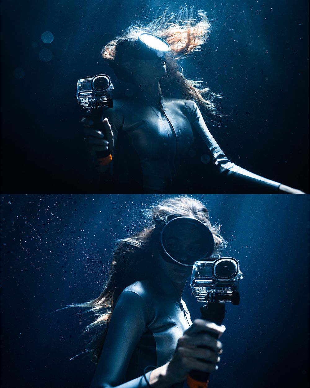 Underwater photographer in wetsuit holding a GoPro action camera while diving in deep blue ocean water.